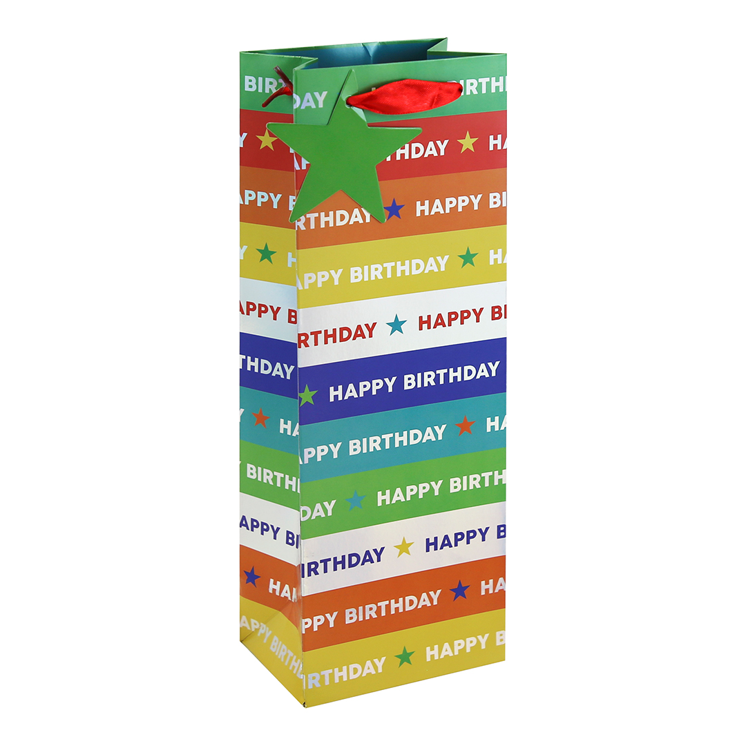 Happy Birthday Colourful Stripes Bottle Gift Bag 35cm