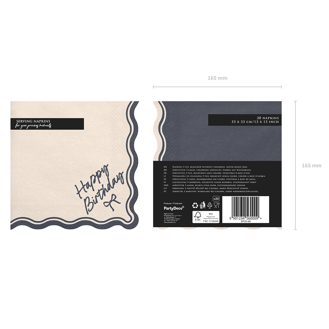Happy Birthday Cream & Black Elegant Bow Paper Luncheon Napkins 2 Ply 33cm - Pack of 12 Product Gallery Image