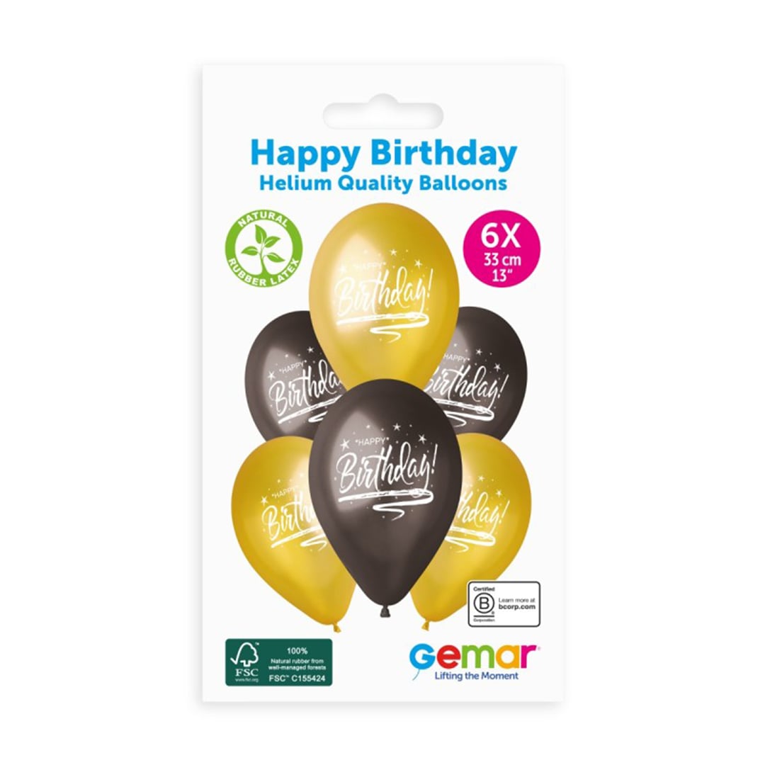 Happy Birthday Gold & Black Latex Balloons 33cm / 13 in - Pack of 6 View 2