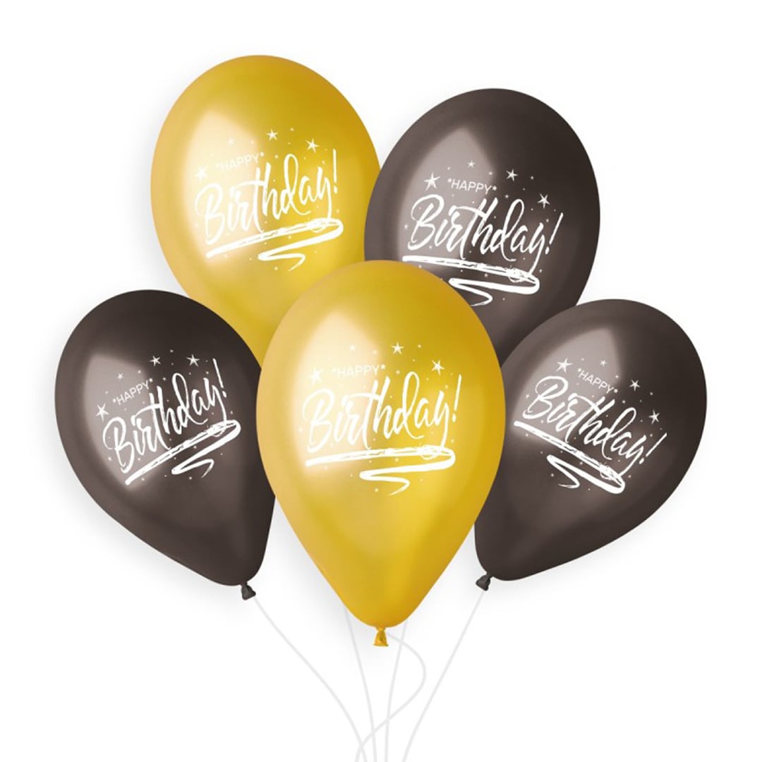 Happy Birthday Gold & Black Latex Balloons 33cm / 13 in - Pack of 6