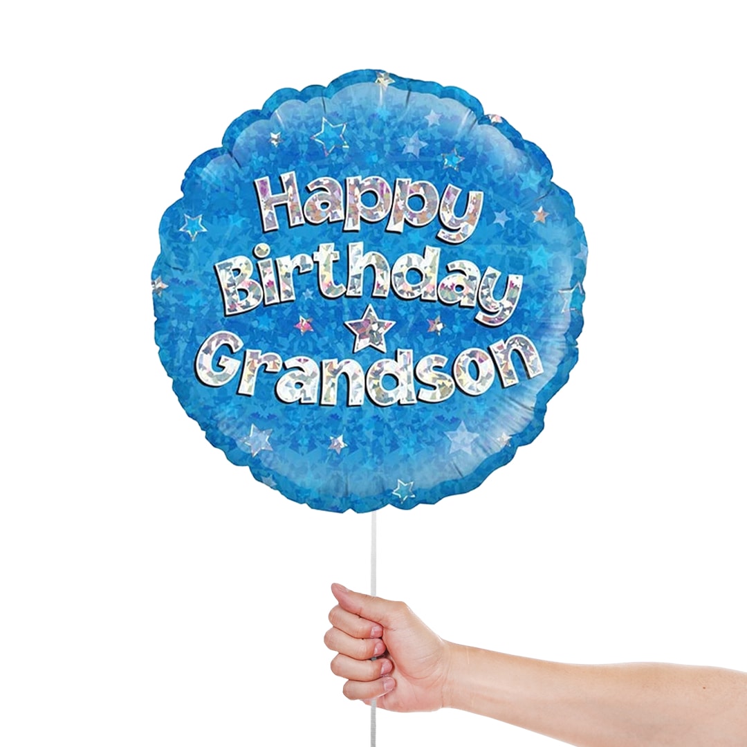 Happy Birthday Grandson Blue Holographic Round Foil Helium Balloon 46cm / 18 in Product Gallery Image