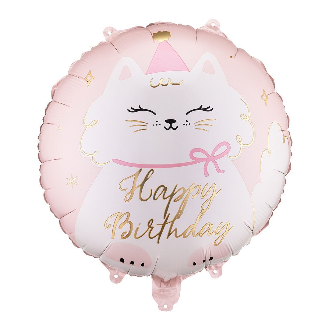 Happy Birthday Kitty Cat Pastel Pink Round Foil Balloon 45cm / 18 in