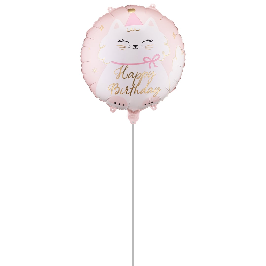 Happy Birthday Kitty Cat Pastel Pink Round Foil Balloon - Inflated Balloon In A Box Product Gallery Image