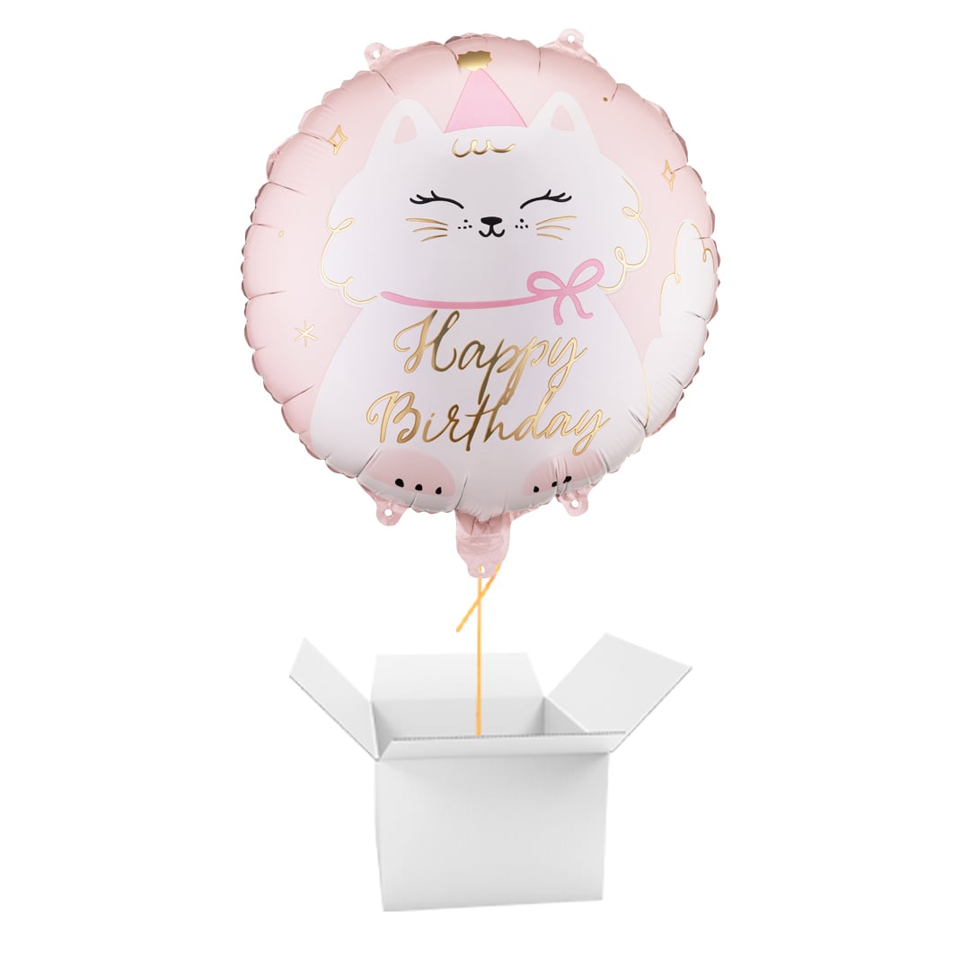 Happy Birthday Kitty Cat Pastel Pink Round Foil Balloon - Inflated Balloon In A Box