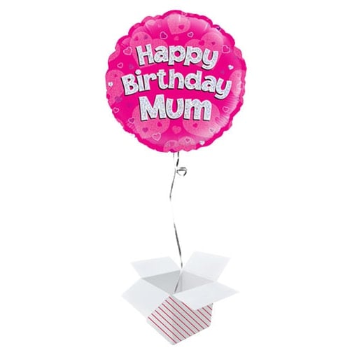 Happy Birthday Mum Pink Holographic Round Foil Helium Balloon - Inflated Balloon in a Box