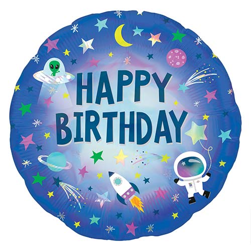 Happy Birthday Outer Space Holographic Round Foil Helium Balloon 45cm / 18 in