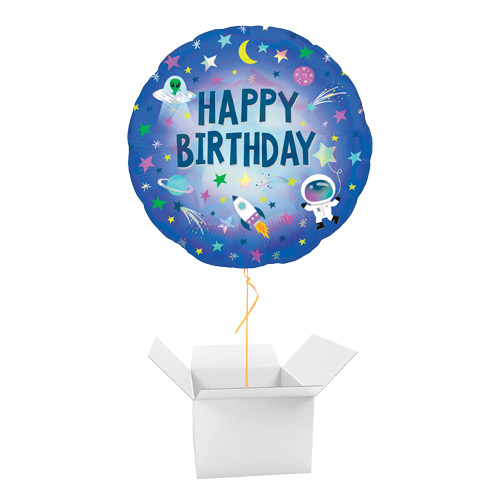 Happy Birthday Outer Space Holographic Round Foil Helium Balloon - Inflated Balloon in a Box