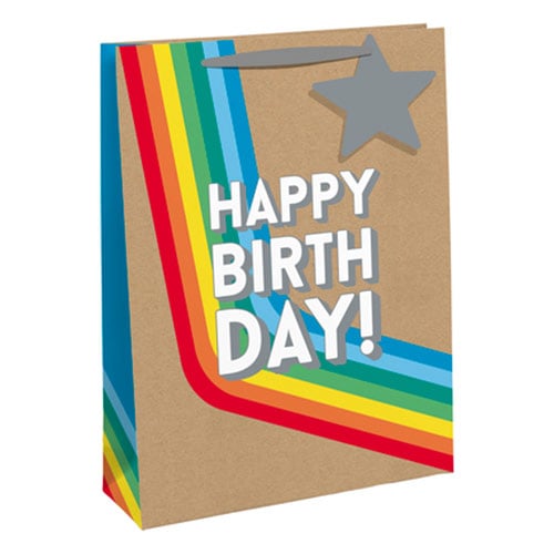 Happy Birthday Rainbow Stripe Large Kraft Gift Bag 33cm
