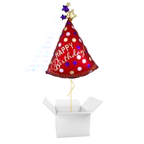 Happy Birthday Red Satin Party Hat Helium Foil Giant Balloon - Inflated Balloon in a Box Product Gallery Image