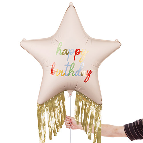 Happy Birthday Star with Gold Fringes Giant Helium Foil Balloon 72cm / 28 in Product Gallery Image