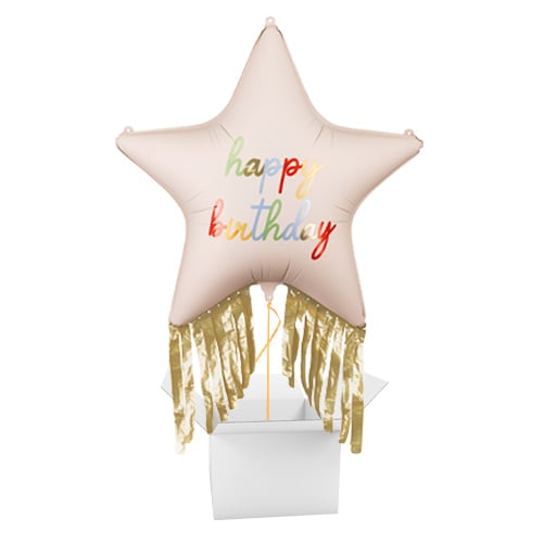 Happy Birthday Star with Gold Fringes Giant Helium Foil Balloon - Inflated Balloon in a Box