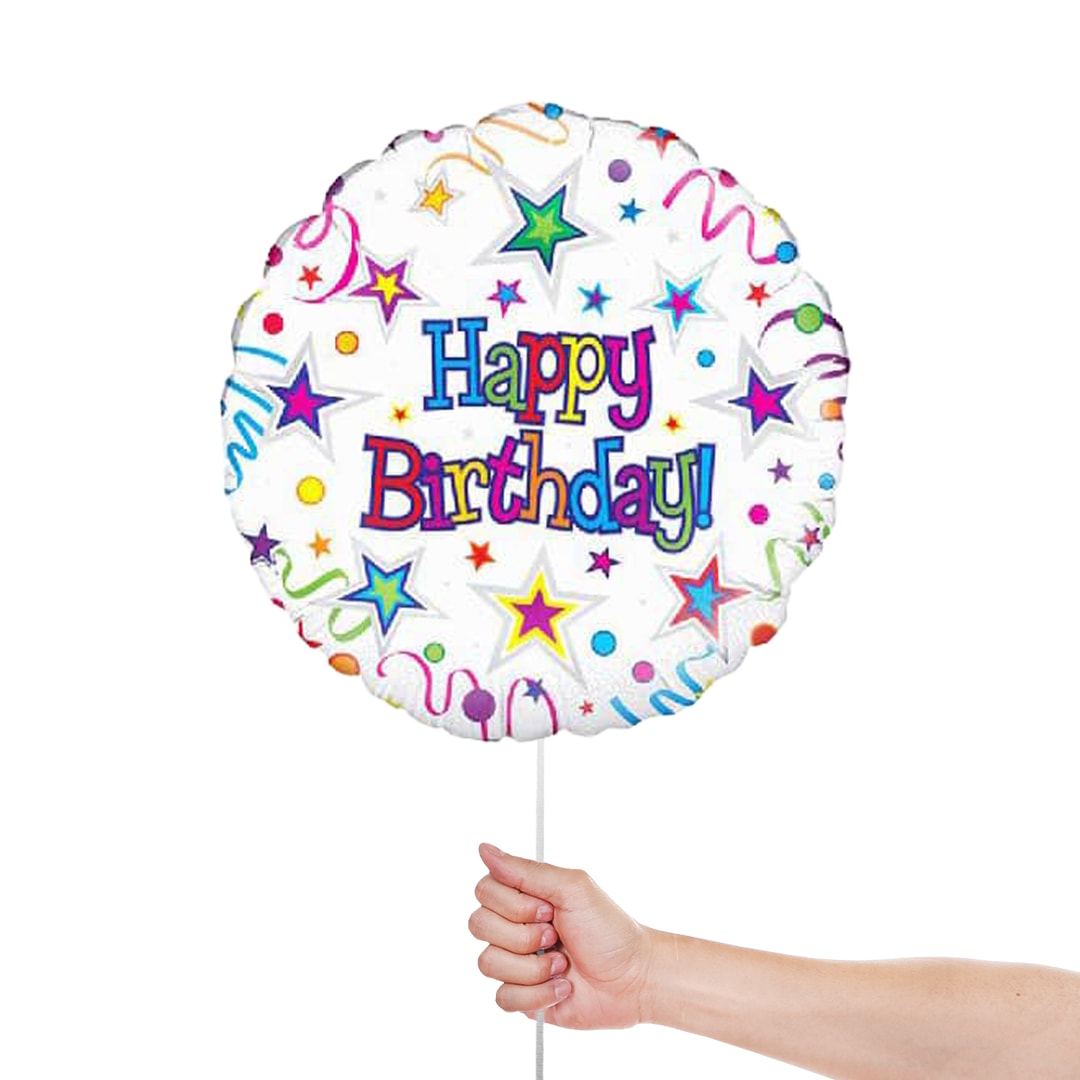 Happy Birthday Stars And Ribbons Round Foil Helium Balloon 46cm / 18 in Product Gallery Image