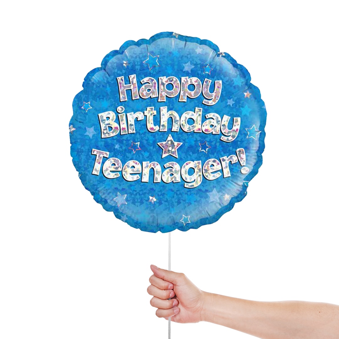 Happy Birthday Teenager Blue Holographic Round Foil Helium Balloon 46cm / 18 in Product Gallery Image