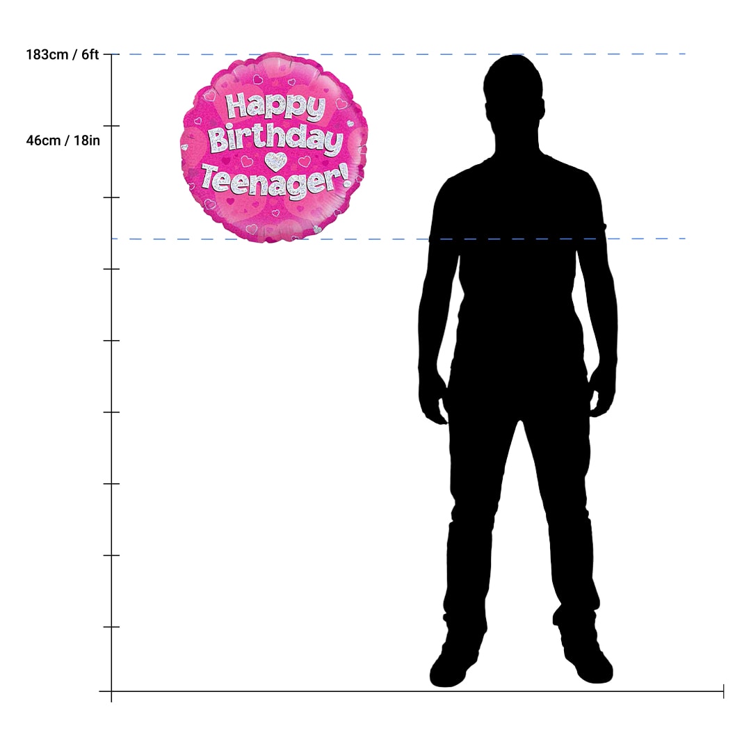 Happy Birthday Teenager Pink Holographic Round Foil Helium Balloon 46cm / 18 in Product Gallery Image