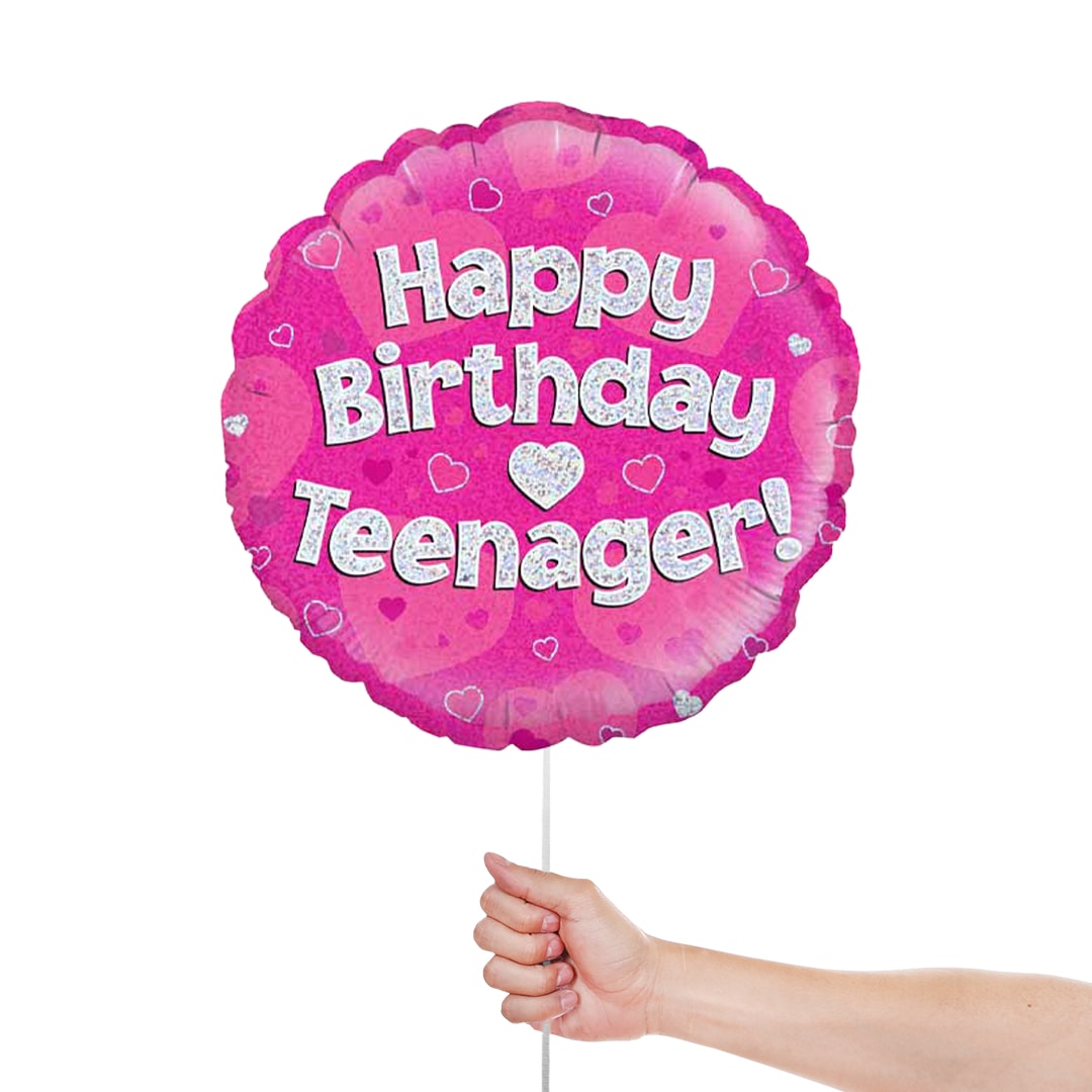 Happy Birthday Teenager Pink Holographic Round Foil Helium Balloon 46cm / 18 in Product Gallery Image