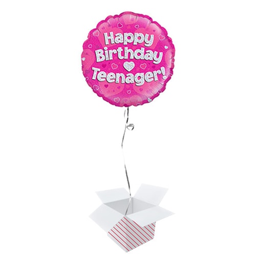 Happy Birthday Teenager Pink Holographic Round Foil Helium Balloon - Inflated Balloon in a Box Product Image