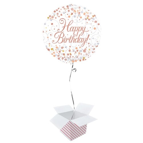 Happy Birthday White And Rose Gold Holographic Round Foil Helium Balloon - Inflated Balloon in a Box Product Gallery Image