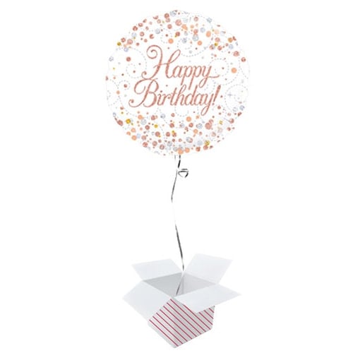 Happy Birthday White And Rose Gold Holographic Round Foil Helium Balloon - Inflated Balloon in a Box Product Image