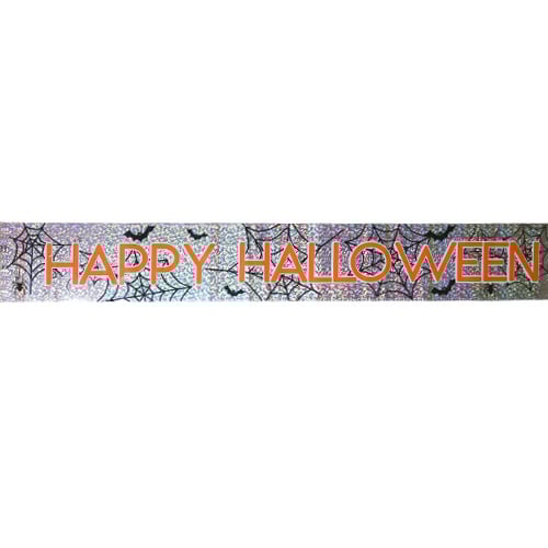 Happy Halloween Cobwebs & Bats Silver Foil Banner Window Door Decoration 2.6m Product Image