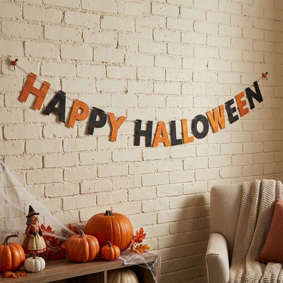 Happy Halloween Orange & Black Glitter Cardboard Letter Banner 274cm