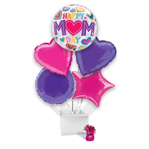 Happy Mom Day Hearts Bubble Balloon Bouquet - 5 Inflated Balloons In A Box Product Image