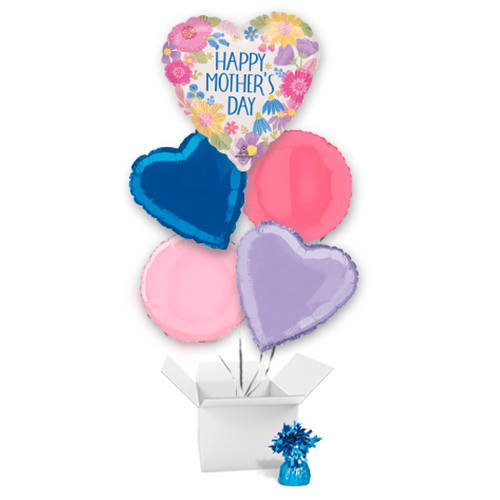 Happy Mother's Day Botanical Floral Heart Shape Foil Helium Balloon Bouquet - 5 Inflated Balloons In A Box Product Gallery Image