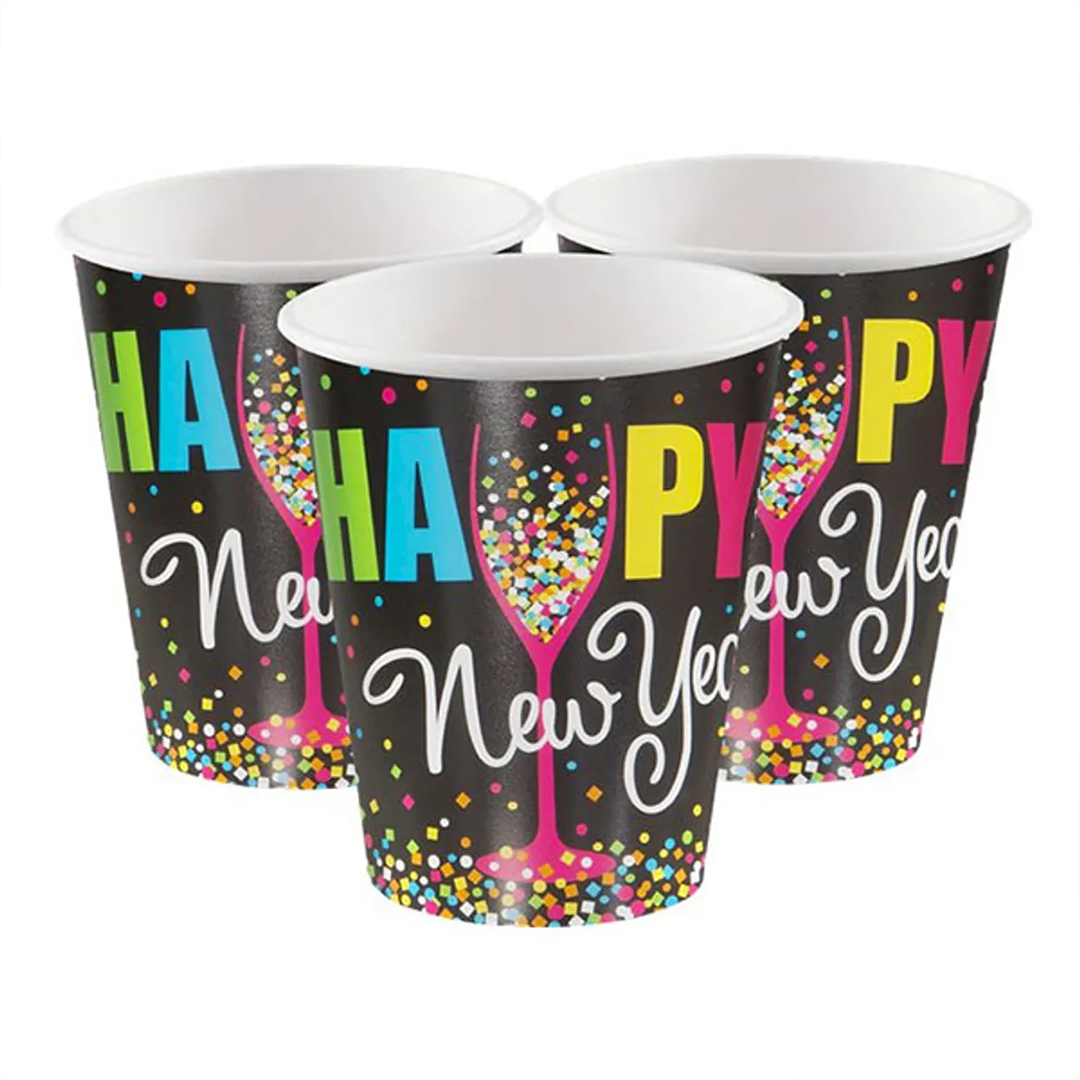 Happy New Year Confetti Black Paper Cups 270ml - Pack of 8 View 3