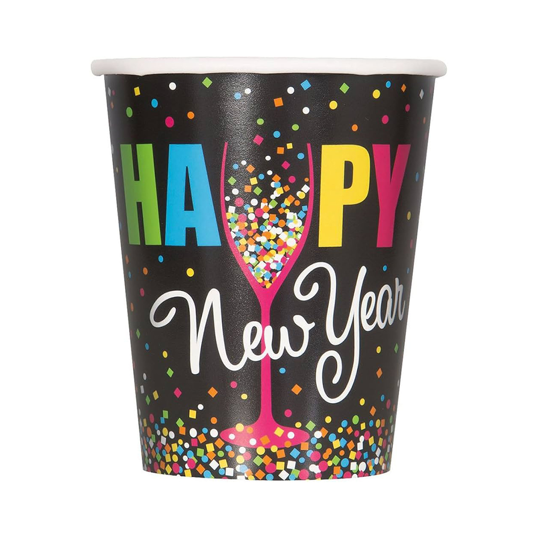 Happy New Year Confetti Black Paper Cups 270ml - Pack of 8 View 2