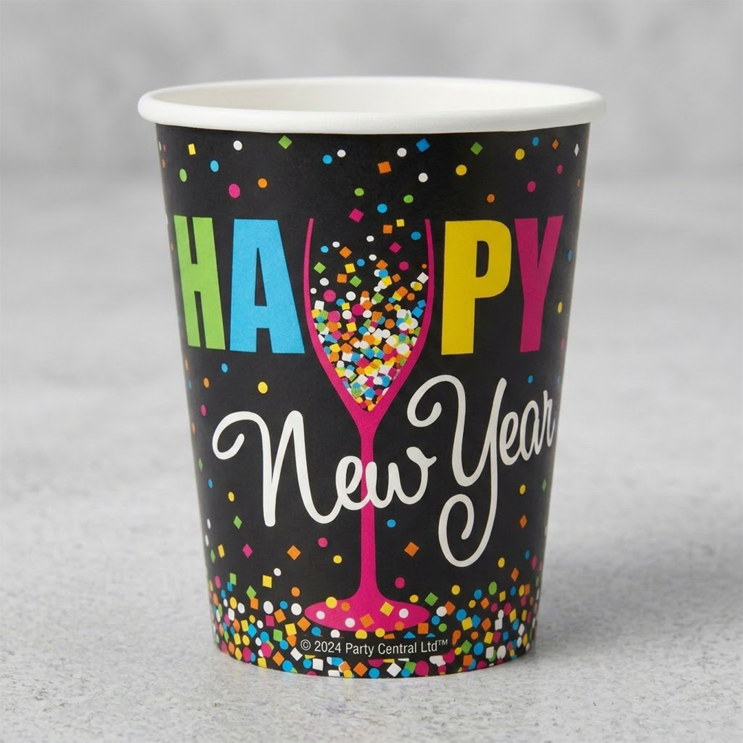 Happy New Year Confetti Black Paper Cups 270ml - Pack of 8