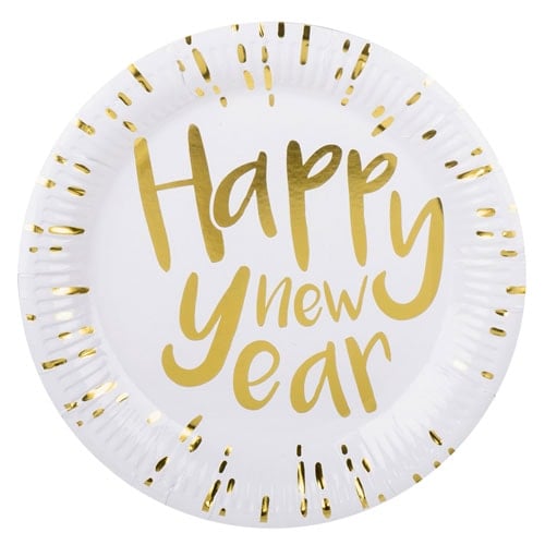 Happy New Year Gold Foiled Round Paper Plates 23cm - Pack of 6