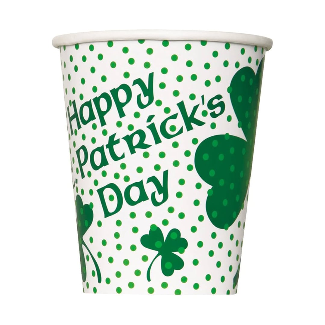 Happy St Patrick's Day Lucky Shamrock Paper Cups 270ml - Pack of 8 View 2