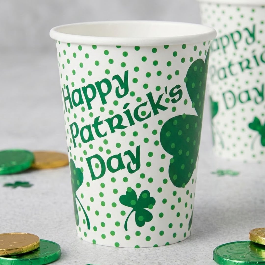 Happy St Patrick's Day Lucky Shamrock Paper Cups 270ml - Pack of 8