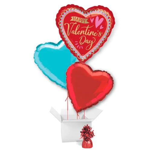 Happy Valentine's Day Vibrant Heart Shape Foil Helium Giant Balloon Bouquet - 3 Inflated Balloons In A Box
