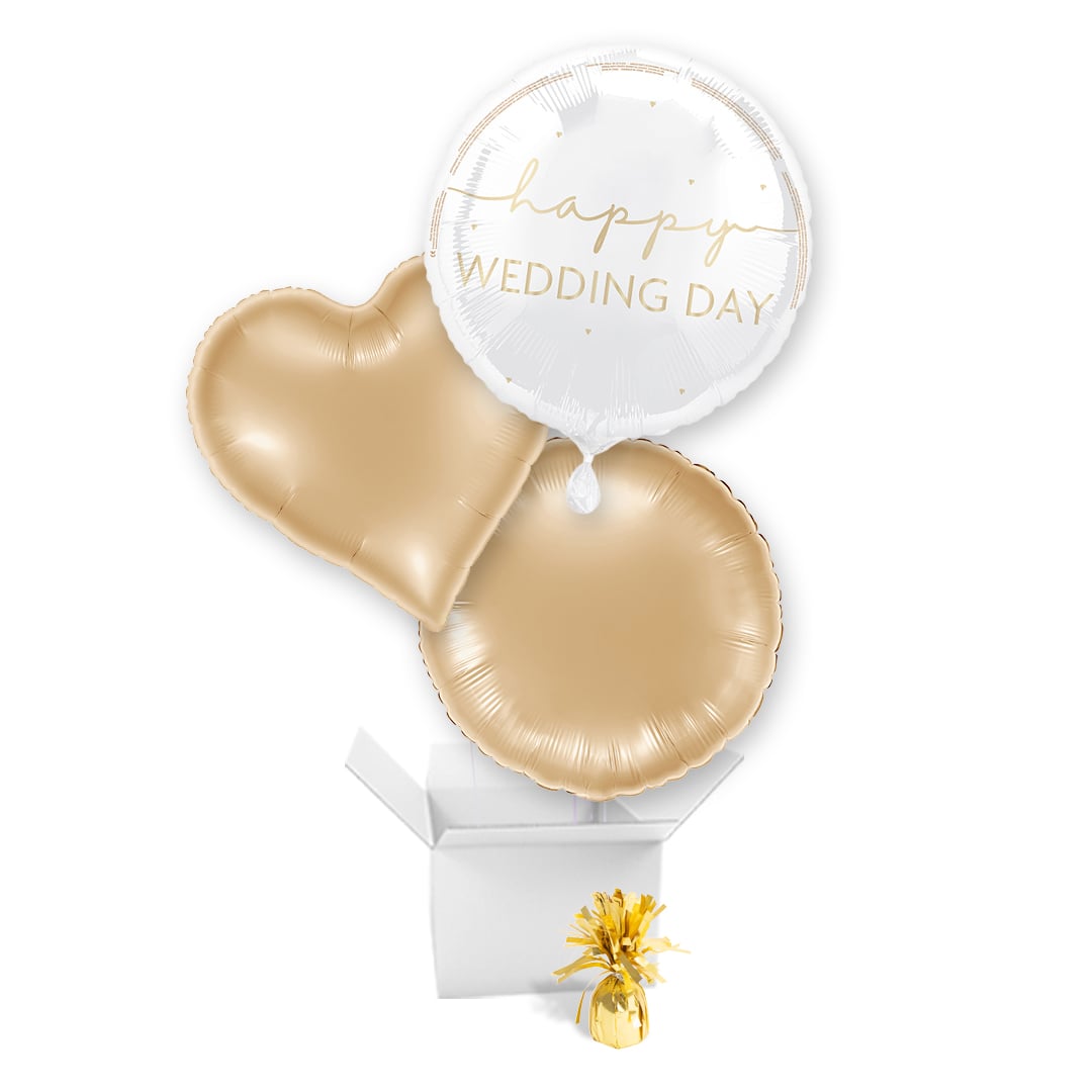 Happy Wedding Day Round Foil Balloon Bouquet - 3 Inflated Balloons In A Box