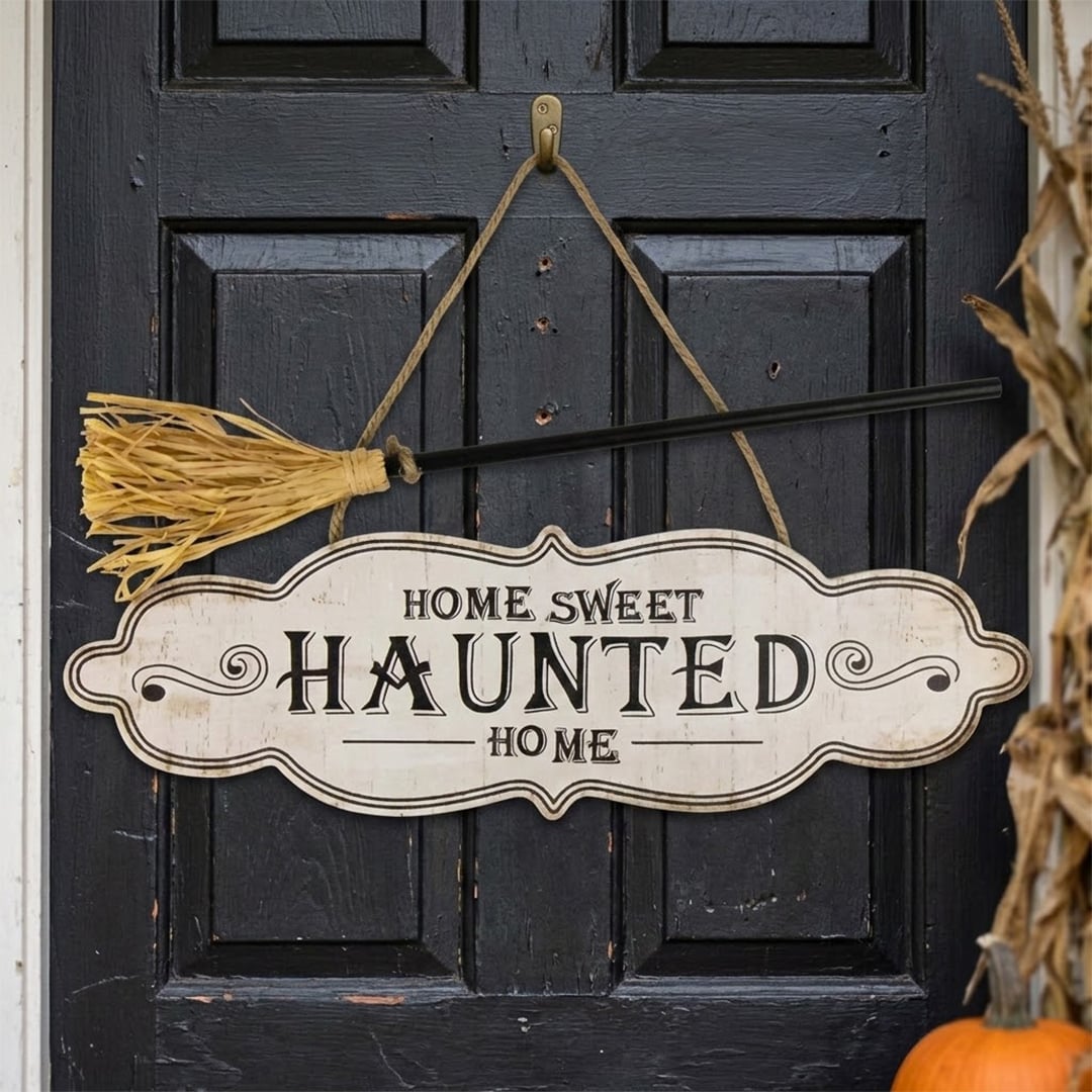 Haunted Home Wooden Plaque with Broomstick Halloween Hanging Decoration 40cm