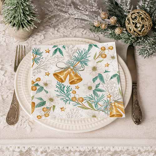Helleborus and Bells Neutral Christmas Premium Decoupage Luncheon Napkins 3 Ply 33cm - Pack of 20