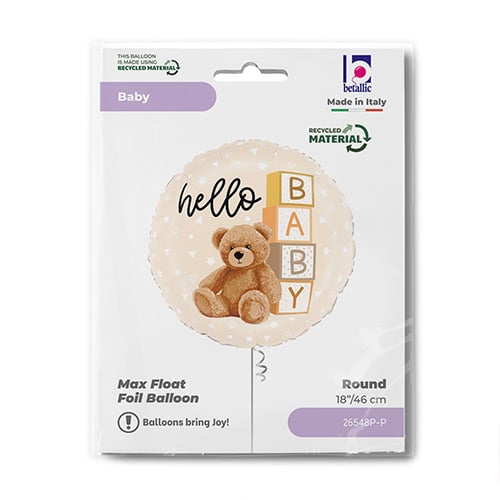 Hello Baby Teddy Bear Round Foil Helium Balloon 46cm / 18 in Product Gallery Image
