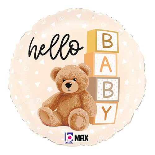 Hello Baby Teddy Bear Round Foil Helium Balloon 46cm / 18 in