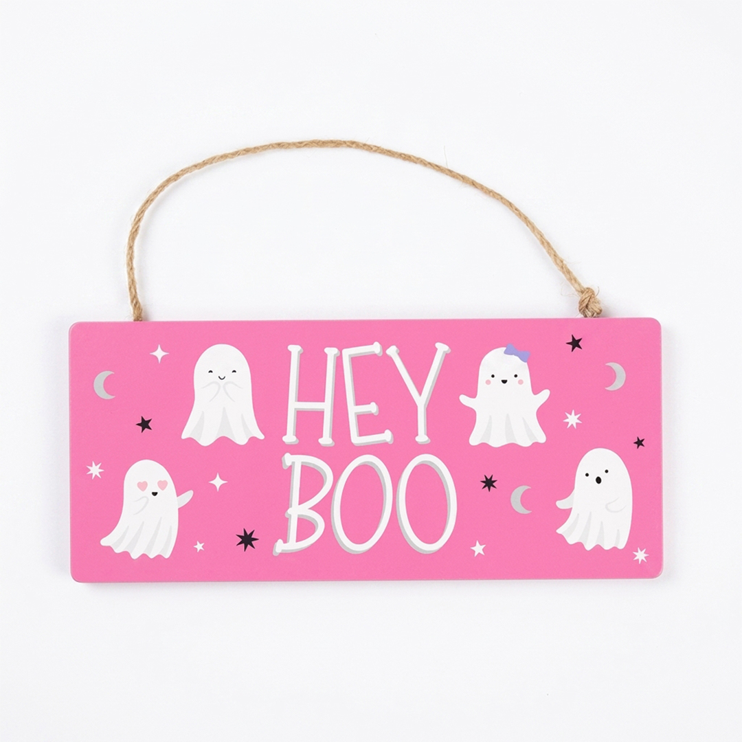 Hey Boo Ghost Halloween Light Pink Wooden Hanging Sign 25cm