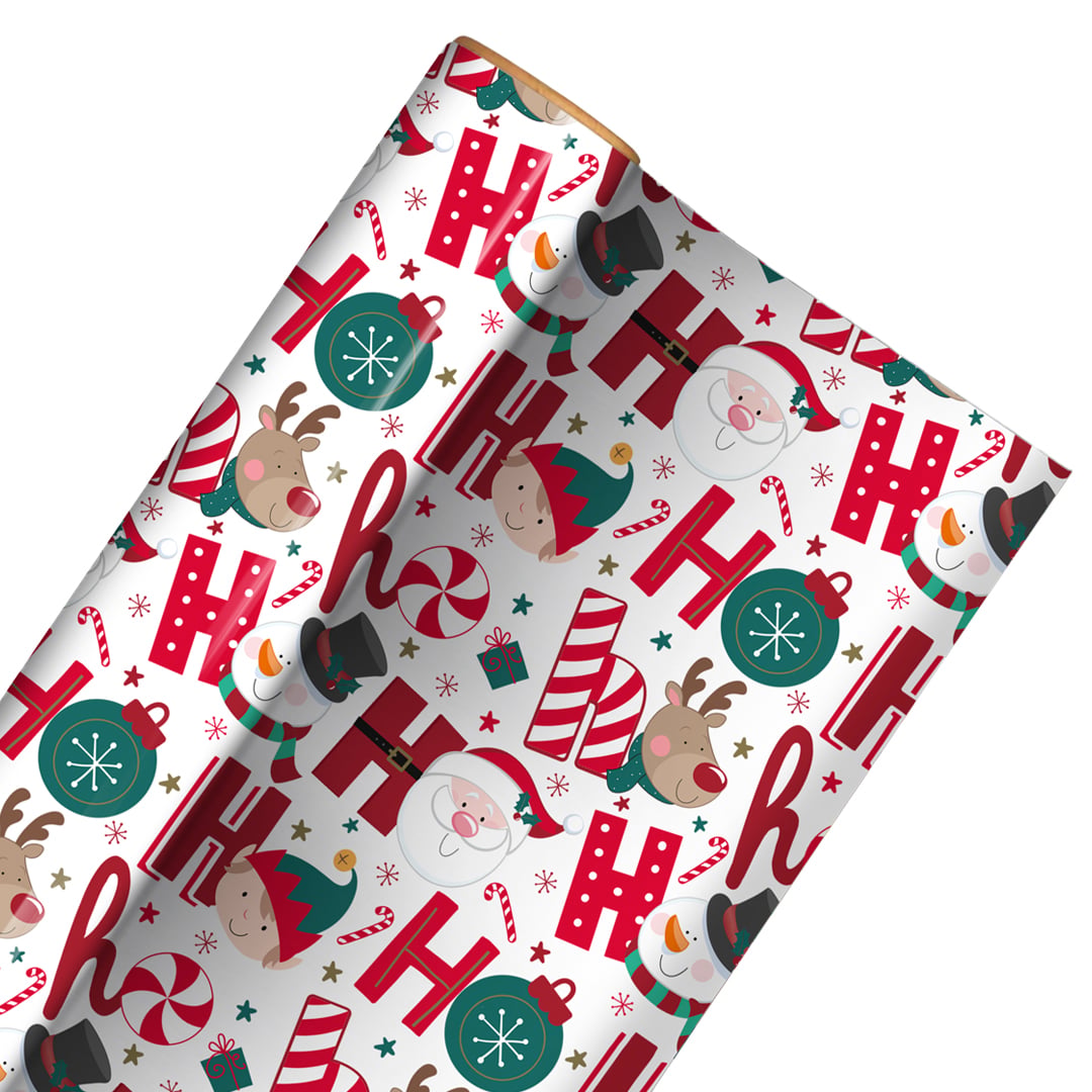 Ho Ho Ho Cute Christmas Characters White Gift Wrapping Paper Roll 7m Product Gallery Image