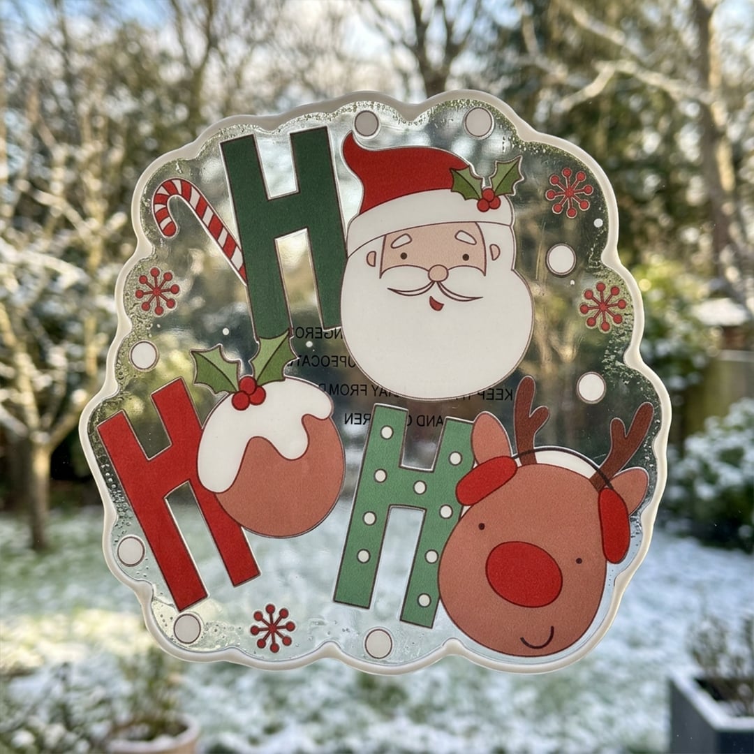 Ho Ho Ho Santa Claus & Reindeer Christmas Gel Window Sticker
