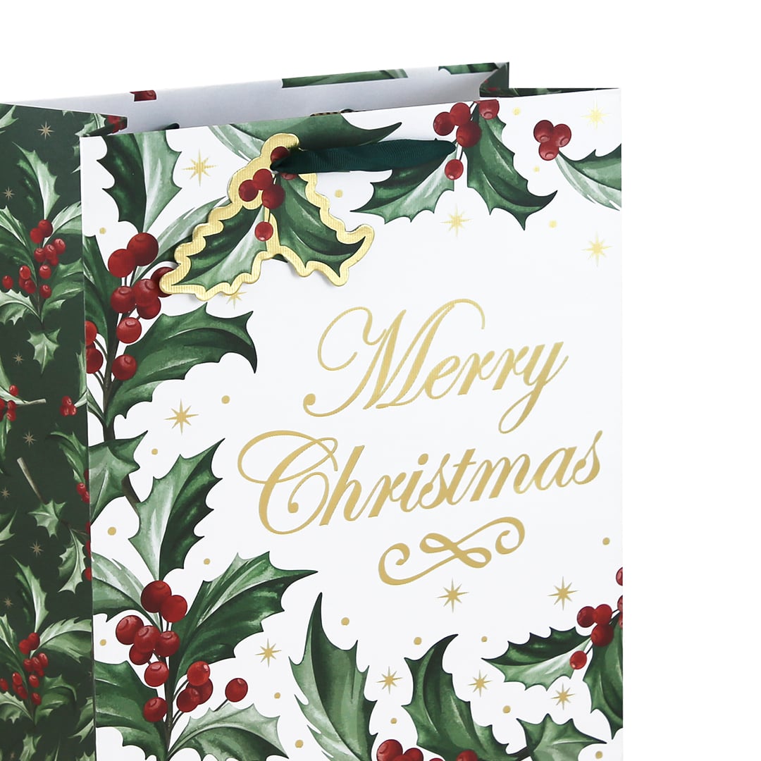 Holly Merry Christmas Large White Kraft Gift Bag 33cm Product Gallery Image