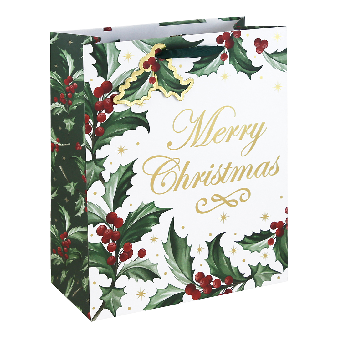 Holly Merry Christmas Large White Kraft Gift Bag 33cm
