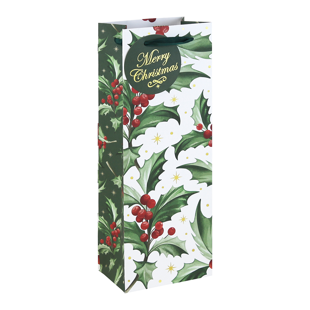 Holly Merry Christmas White Kraft Bottle Gift Bag 35cm