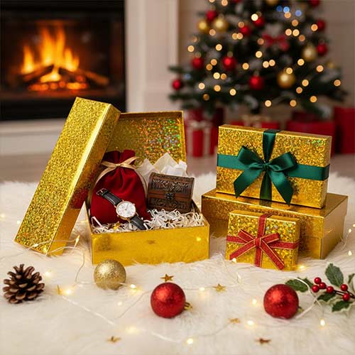 Holographic Gold Christmas Gift Boxes - Pack of 3 Product Gallery Image