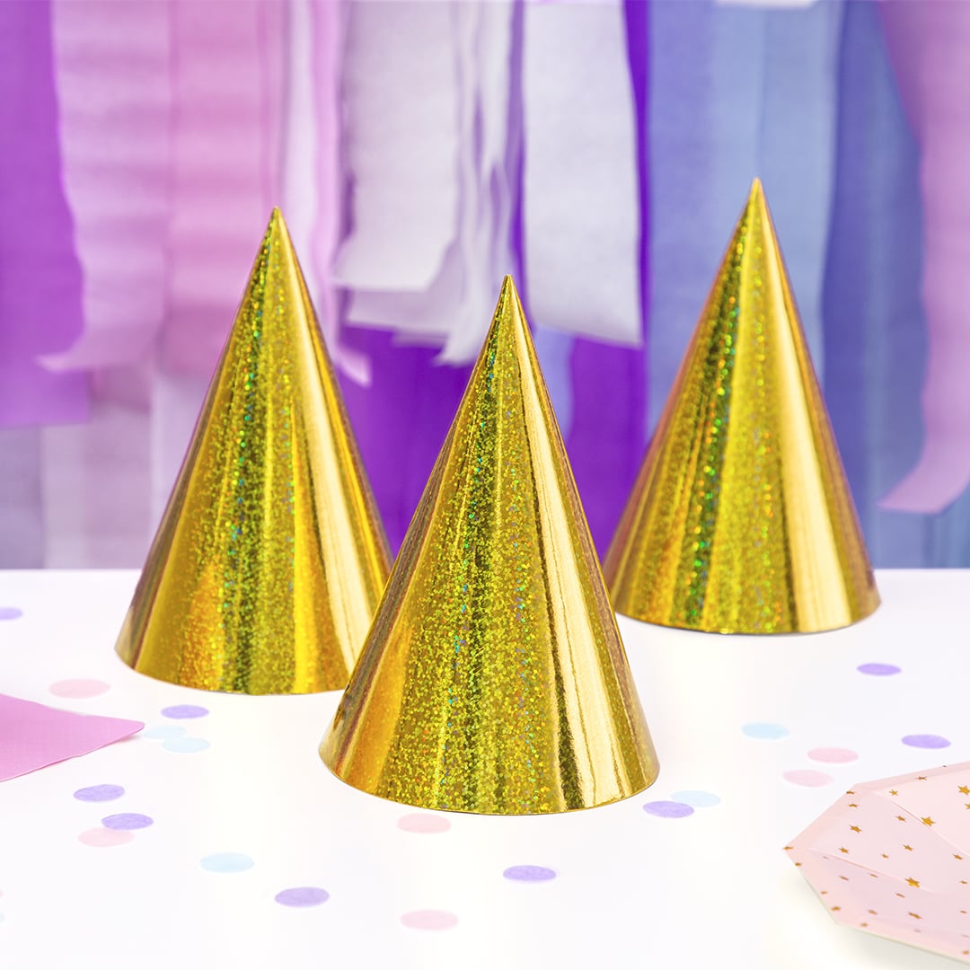 Holographic Gold Paper Party Hats - Pack of 6 Product Gallery Image