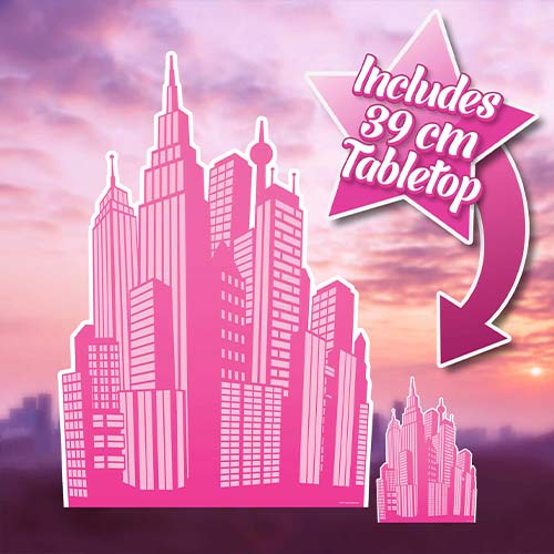 Hot Pink City Silhouette Cardboard Cutout 133cm - Perfect for Barbie Themed Parties Product Gallery Image