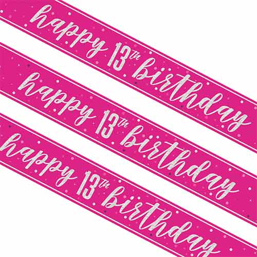 Hot Pink Glitz 13th Birthday Holographic Foil Banner 274cm