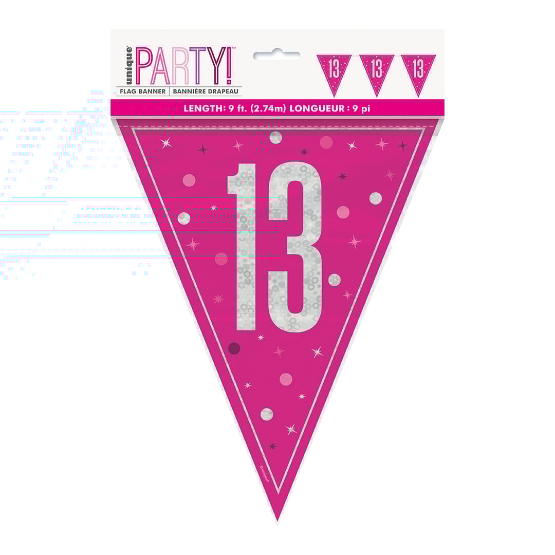 Hot Pink Glitz 13th Birthday Holographic Foil Pennant Bunting 274cm Product Gallery Image