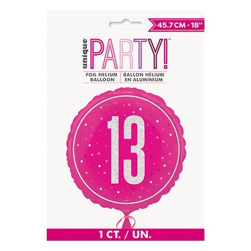 Hot Pink Glitz 13th Birthday Holographic Round Foil Helium Balloon 46cm / 18 in Product Gallery Image